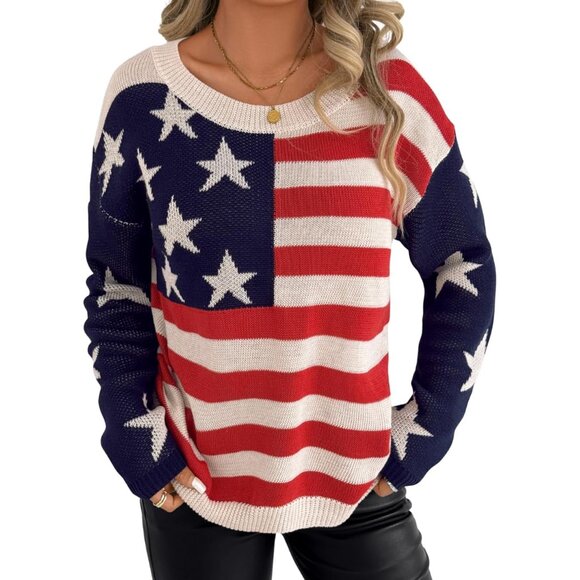 Women American Flag Sweater Long Sleeve Crew Neck Lightweight Patriotic Knit - Picture 1 of 6